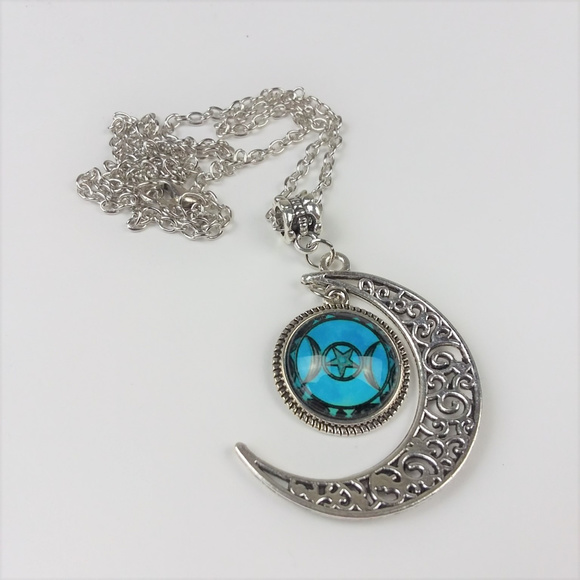 Triple Moon Goddess Blue Necklace Pendant Wicca - Picture 2 of 4